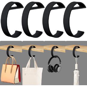 4 PCS Purse Hook for Table Heavy Duty, e-Shape Bag Hanger for Table, Classroom, Office, Travel, Multi-Use Portable Bag Hook for Desk, Headphone, Key, Backpack, Office Table Accessories (Black)