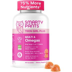 Smartypants Teen Girl Multivitamin Gummies - تحسين الصيغة: أوميغا 3 (DHA/EPA) ، فيتامين C ، D3 ، B12 ، فيتامين A ، K & Zinc ، البيوتين لدعم الشعر ، الجلد والأظافر ، خالية من الغلوتين ، 60 يوم (إمدادات 30 يوم)