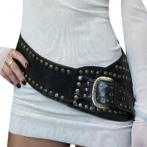 Alyweatry Women Boho Wide Disc Concho Leather Belt Aesthetic Grunge Western Waist Belt Y2k Vintage Accessories