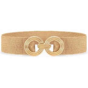Straw Woven Elastic Belt for Women Fashion Wide Belts Stretchy Boho Belt Ladies Beach Dress Belt with Gold Buckle
