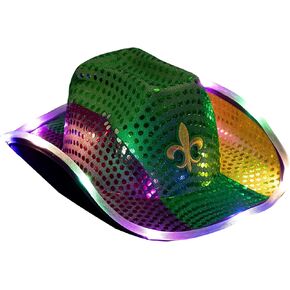 GiftExpress Adult LED Light-Up Sequin Cowboy Hat, Mardi Gras Costume Accessory, Shiny Purple, Green and Gold Colors