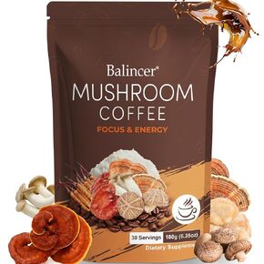 Mushroom Coffee, 6 Adaptogenic Mushrooms with Lion's Mane, Cordyceps, Turkey Tail & More, Organic Instant Mushroom Coffee for Focus, Energy, Immune & Digestion Support