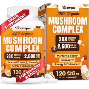 مكملات الفطر ، مكملات الدماغ للذاكرة والتركيز ، 20 في 1 مجمع الفطر مع Mane Lion ، Reishi ، Turkey Tail ، Cordyceps ، Shiitake ، للتركيز ، براين ، ملحق الذاكرة ، 120 كبسولة