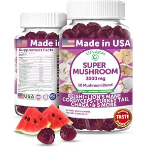 Lunakai USA Made Super Mushroom Gummies for Adults – 10-in-1 Adaptogenic Mushroom Supplement with Lion's Mane - Focus & Brain Support, 60ct