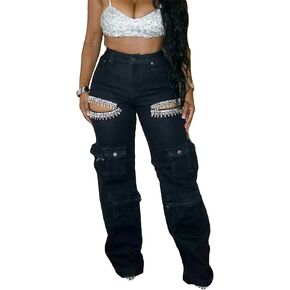 DINGANG Women's High Waisted Cargo Jeans Rhinestones Bling Stretchy Baggy Denim Pants with Flap Pockets