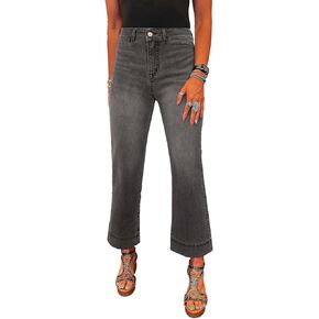 سراويل جينز عريض الساق للنساء العصرية عالي الخصر الجينز الممتد على مستقيم الساق الساق الكاحل الكاحل مع جيوب in Kuwait