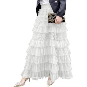 Women's Sweet Elastic Waist A-line Tulle Layered Ruffles Long Puffy Tiered Skirt
