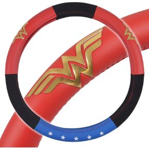 BDK Warner Bros DC Comics Wonder Woman Teadering Wheel Cover - إكسسوارات السيارات للنساء ، أفكار هدايا البطلة الخارقة ، شعار Red White Blue Wonderwoman الأصلي ، Universal Standard Fit 14.5-15.5 بوصة