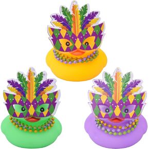Mardi Gras Car Ducks, 3 Pack Mini Rubber Ducks Car Ornament with Mini Mardi Gras Mask Beads Necklace Bath Float Decorations for Birthday Party Favors Carnival Gift