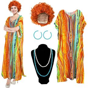 5 Pcs Halloween Women Costume Set with Print Caftan Dress Curly Wig Bead Necklace Earring for Women's Cosplay Party