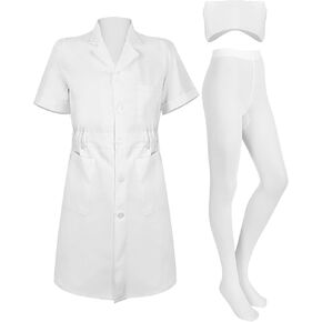 Hercicy Nurse Dress Costume Set for Women White Short Sleeve Medical Lab Coat Nurse Cap Footed Pantyhose Halloween Cosplay