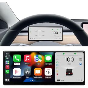 رؤساء شاشة لأعلى لنموذج Tesla Y & Model 3 Wireless Carplay & Android Auto ، شاشة رقيقة للغاية مع الكاميرا الأمامية ، مزامنة بيانات البطارية/لوحة القيادة ، تحذير بقعة عمياء ، لا كتلة AC-VENT ، تحديثات OTA (9.0 ")