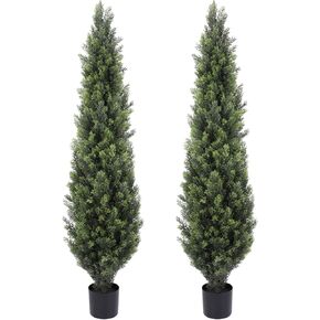 أشجار توبيرية اصطناعية 5 أقدام فوكس Cypress مزيفة الأشجار نباتات محفوظة بوعاء للشرفة الأمامية ديكور حديقة في الهواء الطلق 2 حزمة