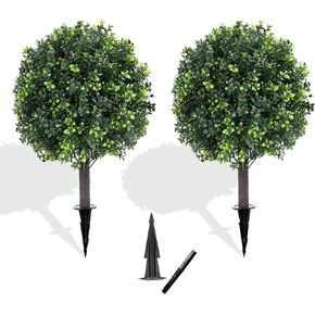 27.2" Artificial Boxwood Topiary Set of 2 with Spike, Fake Plants Boxwood Balls Greenery Bushes, Uv Resistant Artificial Outdoor Plants Shrubs for Front Porch Decor, Home Faux Plants Indoor