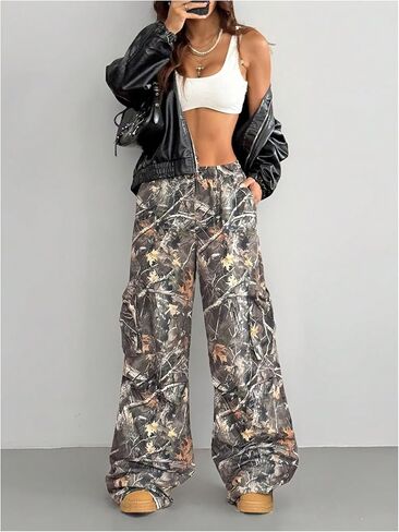 Verdusa Women's Camo Cargo Y2K Flare Pants Drawstring Waist Straight Leg Loose Trousers with Pockets in Kuwait