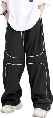 Zaful Mens Baggy Pants Y2K تباين الأنابيب الرباطية سروال سروال للجنسين سراويل شحن كبيرة الحجم للرجال مع جيوب in Kuwait