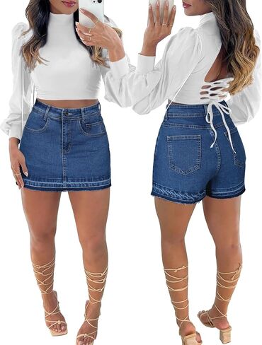 Denim Skort for Women High Wasited Mini Denim Skirt Stretch Summer Jean Skirt with Pockets in Saudi Arabia