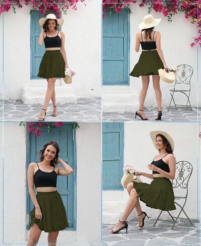 التنانير الصيفية للنساء 2025 العطلات القطن كشكش مرنة الخصر A-LINE تنورة قصيرة غير رسمية in Kuwait