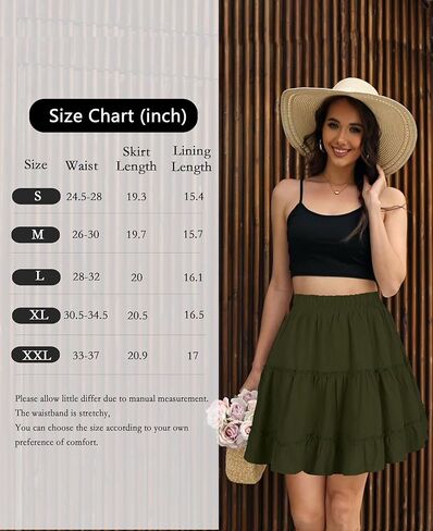 التنانير الصيفية للنساء 2025 العطلات القطن كشكش مرنة الخصر A-LINE تنورة قصيرة غير رسمية in Kuwait