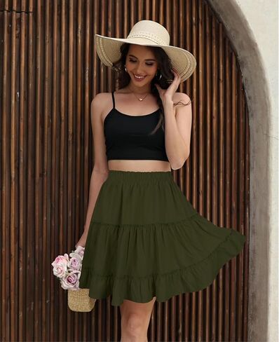 التنانير الصيفية للنساء 2025 العطلات القطن كشكش مرنة الخصر A-LINE تنورة قصيرة غير رسمية in Kuwait