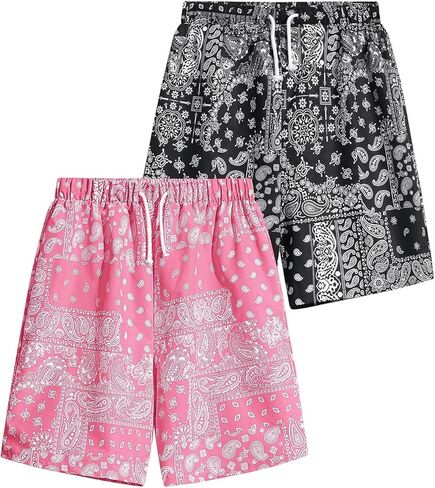 GORGLITTER Boy's 2 Piece Paisley Bandana Drippy Shorts Elastic Waist Boho Straight Leg Shorts in Saudi Arabia