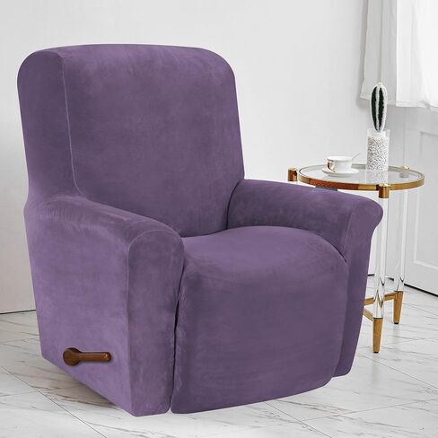 Stretch Recliner Chair Cover, 4-Pieces Recliner Slipcover Soft Velvet Recliner Covers Non Slip Furniture Protector with Pocket (Gray Purple) in Saudi Arabia