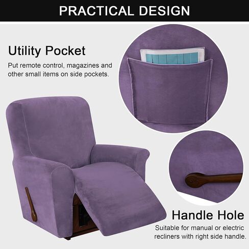 Stretch Recliner Chair Cover, 4-Pieces Recliner Slipcover Soft Velvet Recliner Covers Non Slip Furniture Protector with Pocket (Gray Purple) in Saudi Arabia