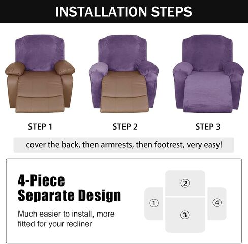 Stretch Recliner Chair Cover, 4-Pieces Recliner Slipcover Soft Velvet Recliner Covers Non Slip Furniture Protector with Pocket (Gray Purple) in Saudi Arabia