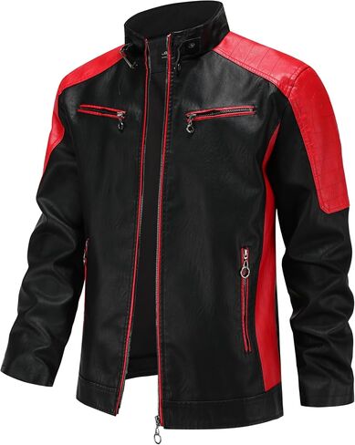 Men's Stylish Color Blocking PU Leather Jacket, Multi Zipper Design Street Style Retro Classic Motor Jacket in Saudi Arabia