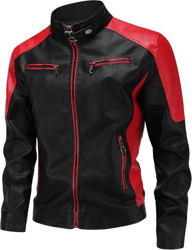 Men's Stylish Color Blocking PU Leather Jacket, Multi Zipper Design Street Style Retro Classic Motor Jacket in Saudi Arabia