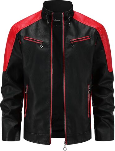 Men's Stylish Color Blocking PU Leather Jacket, Multi Zipper Design Street Style Retro Classic Motor Jacket in Saudi Arabia