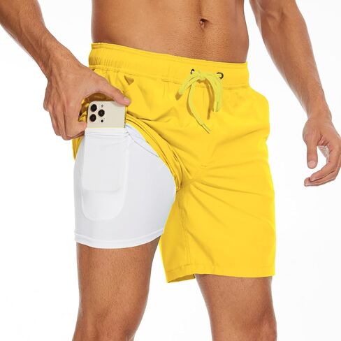 Mens Swim Trunks with Compression Liner 7 inch Inseam Bathing Suit Swim Shorts Men in Saudi Arabia