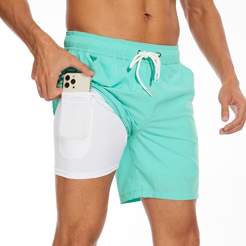 Mens Swim Trunks with Compression Liner 7 inch Inseam Bathing Suit Swim Shorts Men in Saudi Arabia