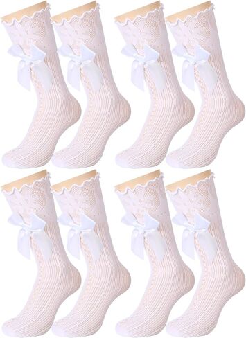 4 Pairs Little Girl Knee High Socks Kids Lace Long Socks with Bow Ruffle for The First Communion 5-12 Years Old in Saudi Arabia