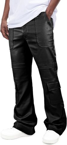 GINGTTO Mens Faux Leather Cargo Pants Flared Bell Bottoms with Pockets for Men 70s Party Pants in Kuwait
