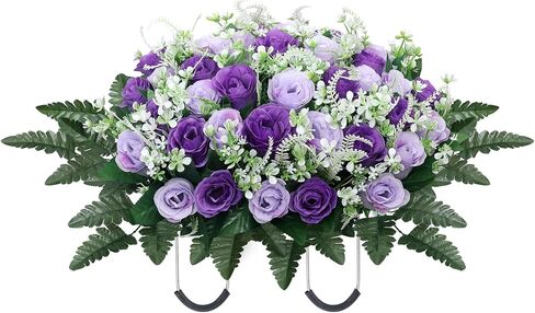 Headstone Flower Saddle,Large Artificial Cemetery Flowers for Grave,Cemetery Memorial Flowers for Outdoor Tombstone Decorations (Purple) in Saudi Arabia