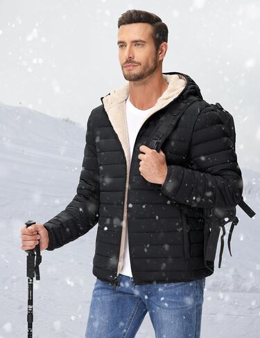 Cotrasen Mens Puffer Jacket Sherpa Lined Water Resistant Hooded Full Zip Mid-Weight Warm Insulated Winter Coat in Kuwait