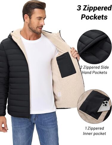 Cotrasen Mens Puffer Jacket Sherpa Lined Water Resistant Hooded Full Zip Mid-Weight Warm Insulated Winter Coat in Kuwait