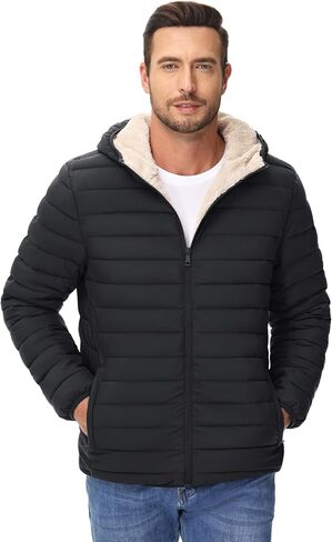 Cotrasen Mens Puffer Jacket Sherpa Lined Water Resistant Hooded Full Zip Mid-Weight Warm Insulated Winter Coat in Kuwait