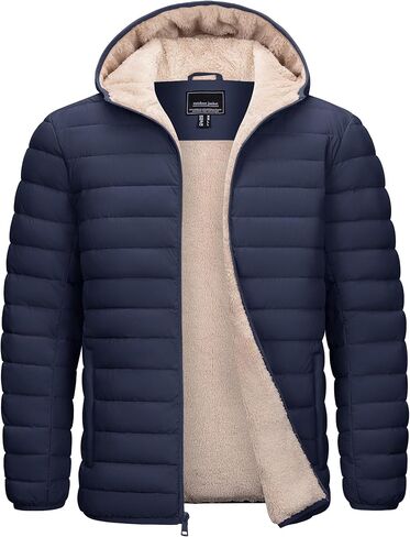 Cotrasen Mens Puffer Jacket Sherpa Lined Water Resistant Hooded Full Zip Mid-Weight Warm Insulated Winter Coat in Kuwait