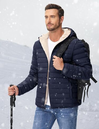 Cotrasen Mens Puffer Jacket Sherpa Lined Water Resistant Hooded Full Zip Mid-Weight Warm Insulated Winter Coat in Kuwait