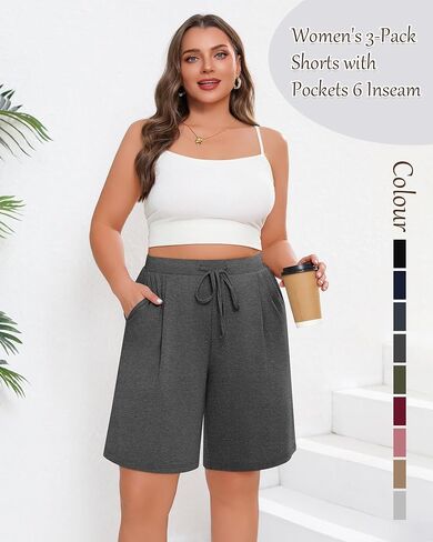 Huukaey 3 Pack Women's Plus Size Bermuda Shorts عرضة شورتات الركبة طول الركبة المشي مع جيوب in Kuwait