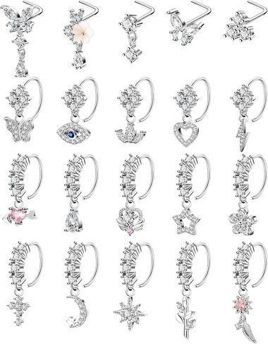 20Pcs 20G 316L Stainless Steel Dangle Nose Ring for Women Men L Shaped Dangling Nose Stud Cute Heart Moon Star Nose Hoop Set CZ Flower Leaf Butterfly Dangle Nose Piercing Jewelry in Saudi Arabia