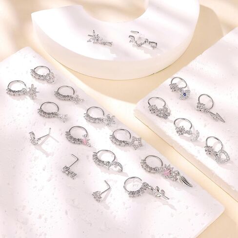 20Pcs 20G 316L Stainless Steel Dangle Nose Ring for Women Men L Shaped Dangling Nose Stud Cute Heart Moon Star Nose Hoop Set CZ Flower Leaf Butterfly Dangle Nose Piercing Jewelry in Saudi Arabia