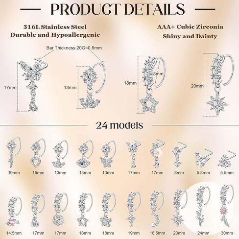 20Pcs 20G 316L Stainless Steel Dangle Nose Ring for Women Men L Shaped Dangling Nose Stud Cute Heart Moon Star Nose Hoop Set CZ Flower Leaf Butterfly Dangle Nose Piercing Jewelry in Saudi Arabia