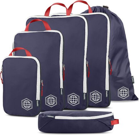 Large Compression Packing Cubes 6 Piece Set for Travel with Lightweight Laundry Bag for Carry-On Suitcase by TRIPPED Travel Gear (Navy) in Saudi Arabia