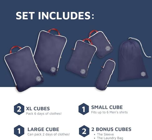 Large Compression Packing Cubes 6 Piece Set for Travel with Lightweight Laundry Bag for Carry-On Suitcase by TRIPPED Travel Gear (Navy) in Saudi Arabia
