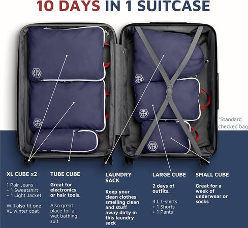 Large Compression Packing Cubes 6 Piece Set for Travel with Lightweight Laundry Bag for Carry-On Suitcase by TRIPPED Travel Gear (Navy) in Saudi Arabia
