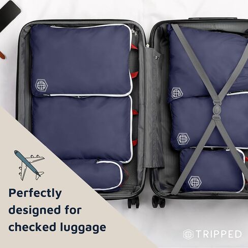 Large Compression Packing Cubes 6 Piece Set for Travel with Lightweight Laundry Bag for Carry-On Suitcase by TRIPPED Travel Gear (Navy) in Saudi Arabia