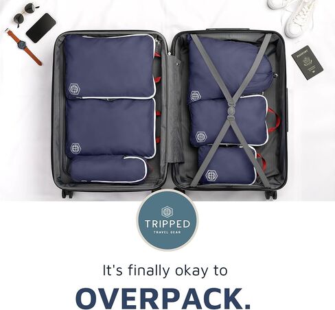Large Compression Packing Cubes 6 Piece Set for Travel with Lightweight Laundry Bag for Carry-On Suitcase by TRIPPED Travel Gear (Navy) in Saudi Arabia